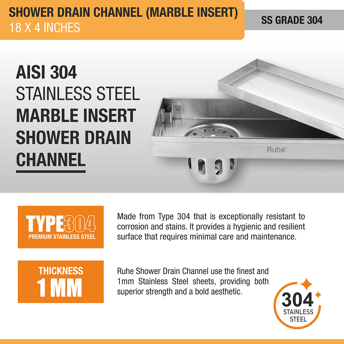 Marble Insert Shower Drain Channel (18 x 4 Inches) with Cockroach Trap (304 Grade) - by Ruhe®