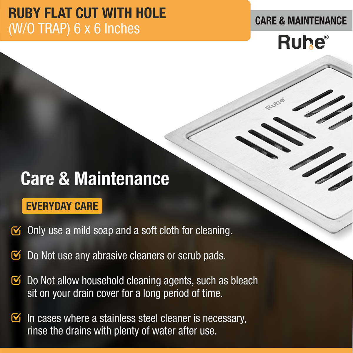 Ruby Square Flat Cut 304-Grade Floor Drain with Hole (6 x 6 Inches) care and maintenance
