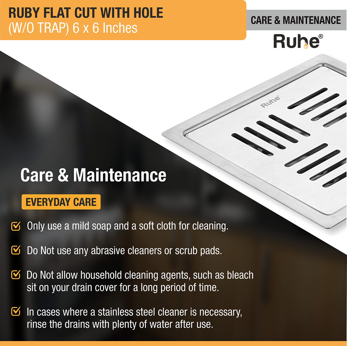 Ruby Square Flat Cut 304-Grade Floor Drain with Hole (6 x 6 Inches) - by Ruhe®