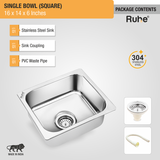 Square Single Bowl (16 x 14 x 6 inches) 304-Grade Kitchen Sink with coupling, pvc waste pipe