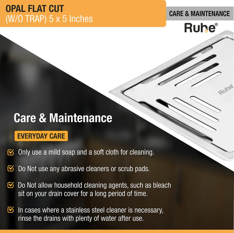 Opal Square Flat Cut 304-Grade Floor Drain (5 x 5 Inches) - by Ruhe