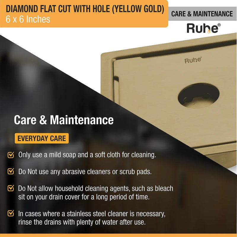 Diamond Square Flat Cut Floor Drain in Yellow Gold PVD Coating (6 x 6 Inches) with Hole - by Ruhe