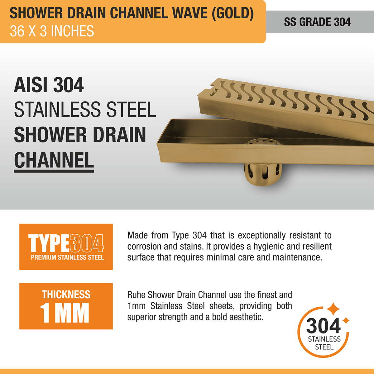 Wave Shower Drain Channel (36 x 3 Inches) YELLOW GOLD PVD Coated - by Ruhe®