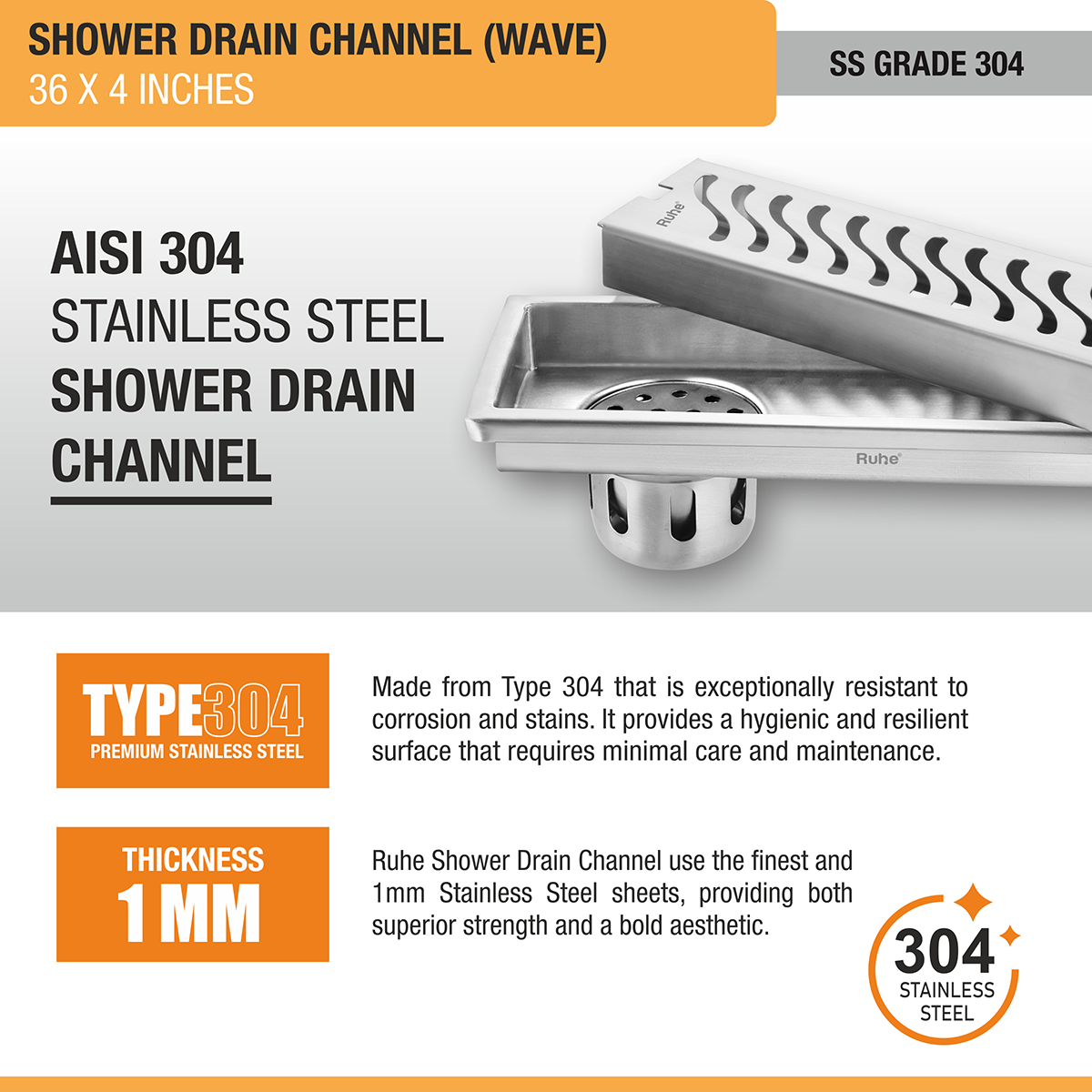 Wave Shower Drain Channel (36 X 4 Inches) with Cockroach Trap (304 Grade) stainless steel