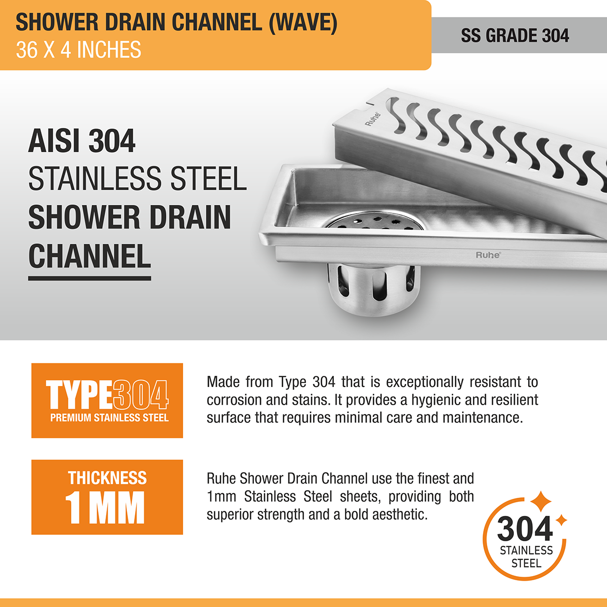 Wave Shower Drain Channel (36 x 4 Inches) with Cockroach Trap (304 Grade) - by Ruhe®