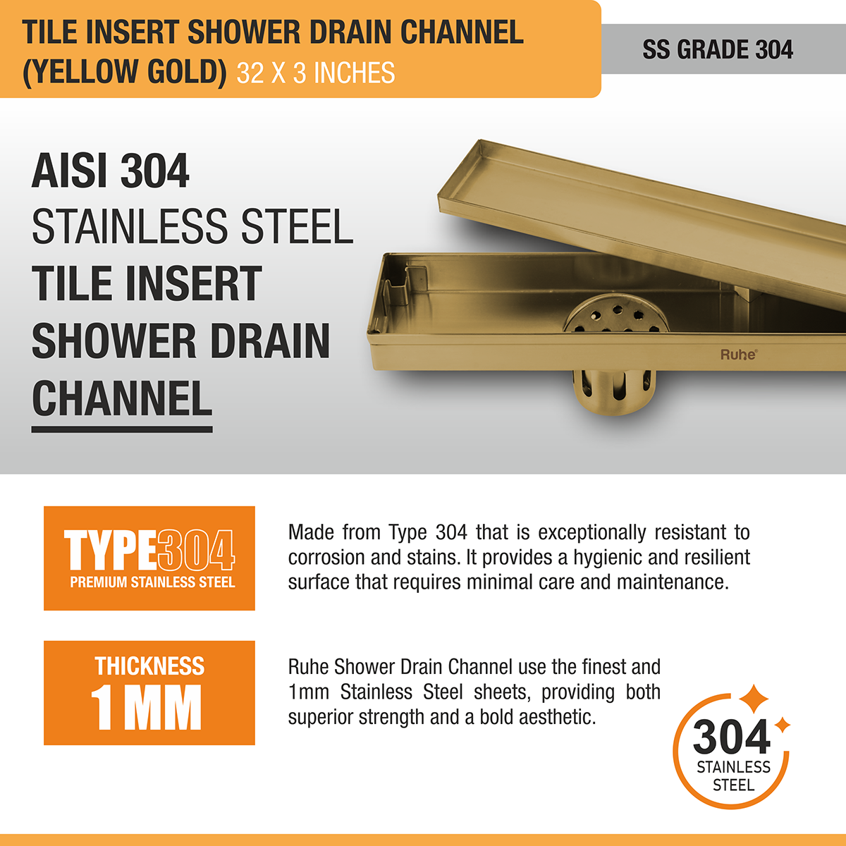 Tile Insert Shower Drain Channel (32 x 3 Inches) YELLOW GOLD PVD Coated - by Ruhe®