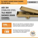 Tile Insert Shower Drain Channel (32 x 3 Inches) YELLOW GOLD PVD Coated stainless steel