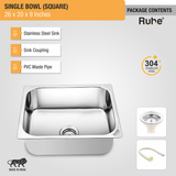Square Single Bowl (26 x 20 x 9 inches) 304-Grade Kitchen Sink with coupling, pvc waste pipe