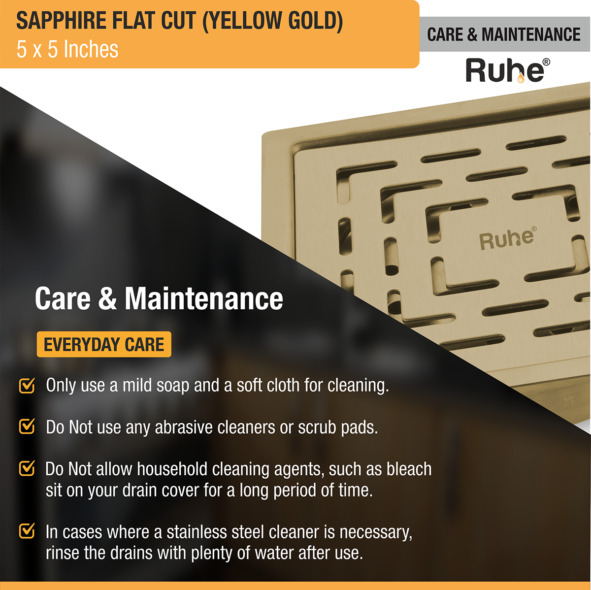 Sapphire Square Flat Cut Floor Drain in Yellow Gold PVD Coating (5 x 5 Inches) care and maintenance