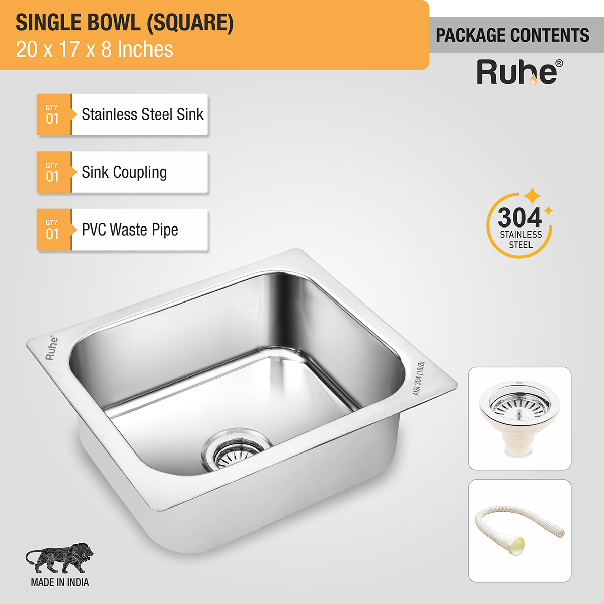 Square Single Bowl (20 x 17 x 8 inches) 304-Grade Kitchen Sink with coupling, pvc waste pipe