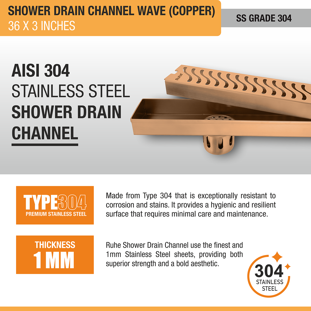 Wave Shower Drain Channel (36 x 3 Inches) ROSE GOLD/ANTIQUE COPPER stainless steel