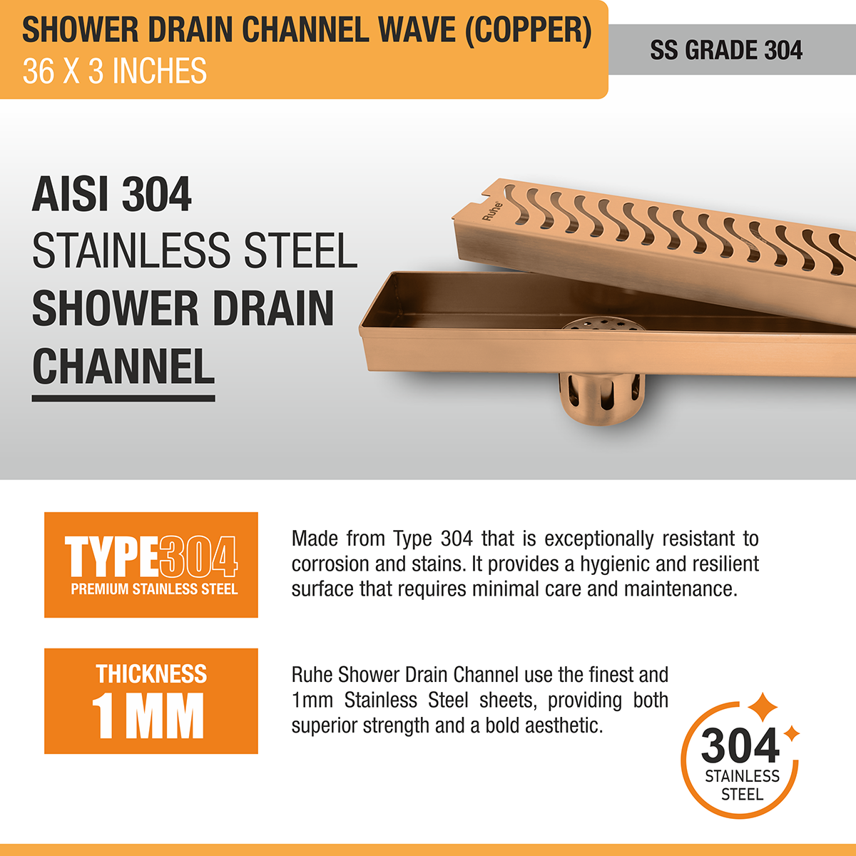 Wave Shower Drain Channel (36 x 3 Inches) ROSE GOLD PVD Coated - by Ruhe®