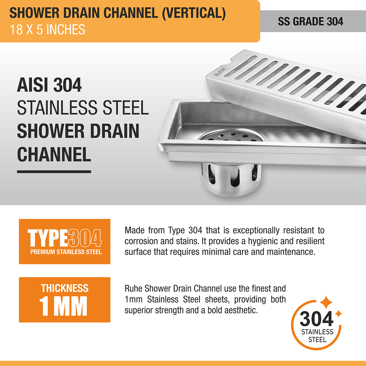 Vertical Shower Drain Channel (18 x 5 Inches) with Cockroach Trap (304 Grade) - by Ruhe®