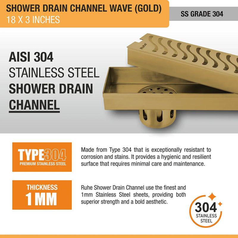 Wave Shower Drain Channel (18 x 3 Inches) YELLOW GOLD PVD Coated - by Ruhe