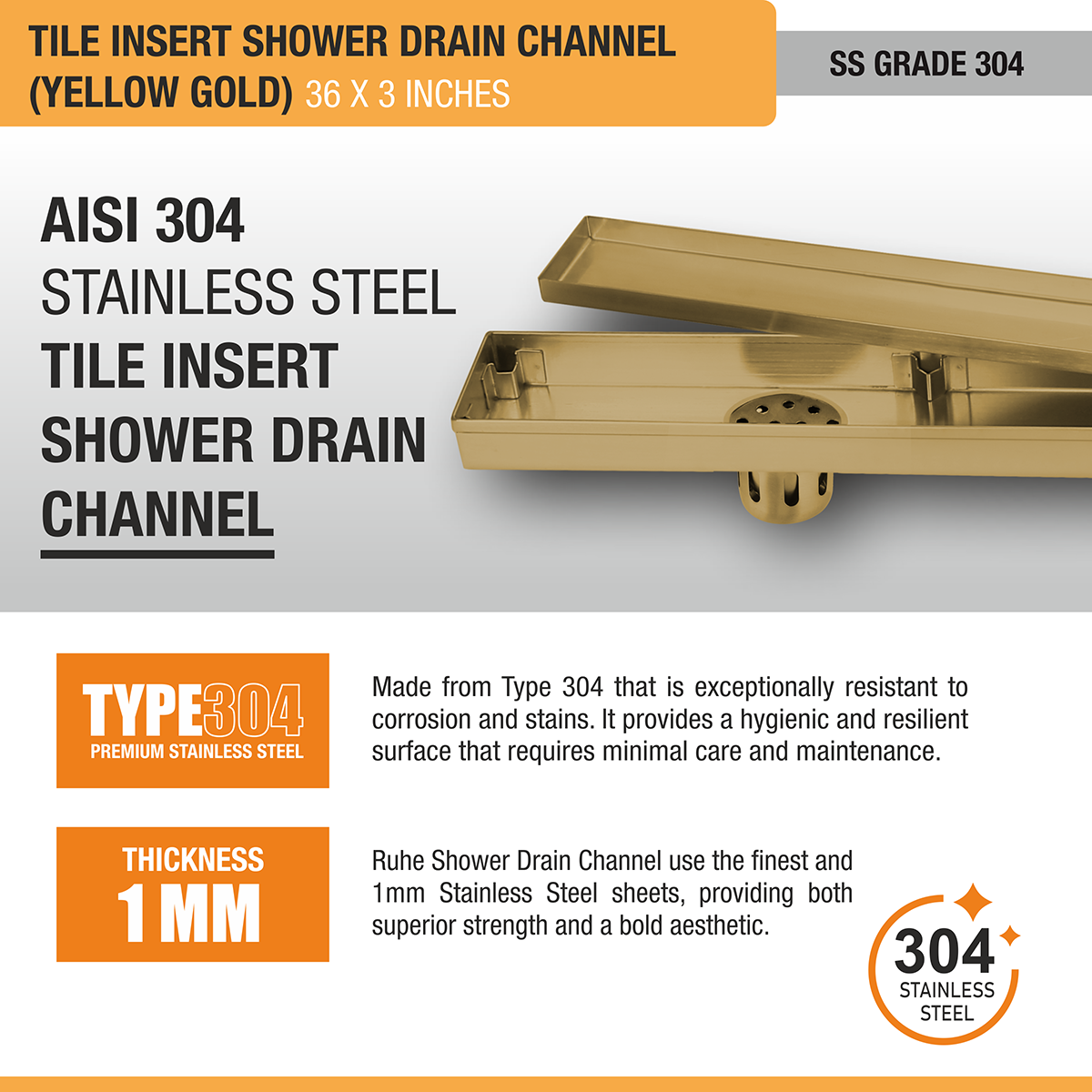 Tile Insert Shower Drain Channel (36 x 3 Inches) YELLOW GOLD PVD Coated - by Ruhe®