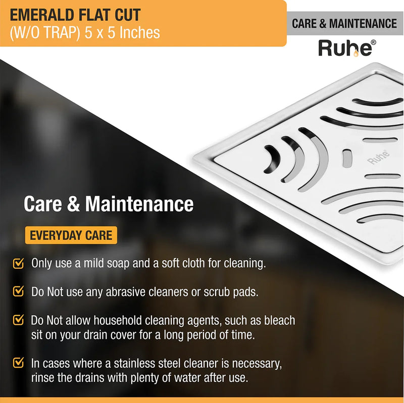 Emerald Square Flat Cut 304-Grade Floor Drain (5 x 5 Inches) - by Ruhe