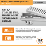 Vertical Shower Drain Channel (24 x 4 Inches) with Cockroach Trap (304 Grade) stainless steel