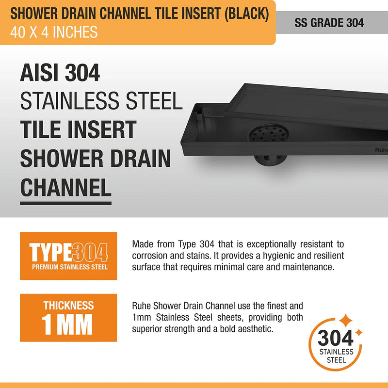 Tile Insert Shower Drain Channel (40 x 4 Inches) Black PVD Coated - by Ruhe