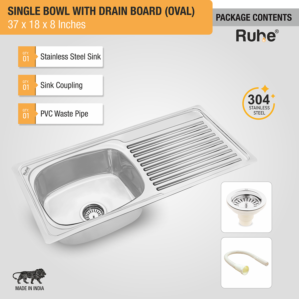 Oval Single Bowl (37 x 18 x 8 inches) 304-Grade Stainless Steel Kitchen Sink with Drainboard with coupling, pvc waste pipe