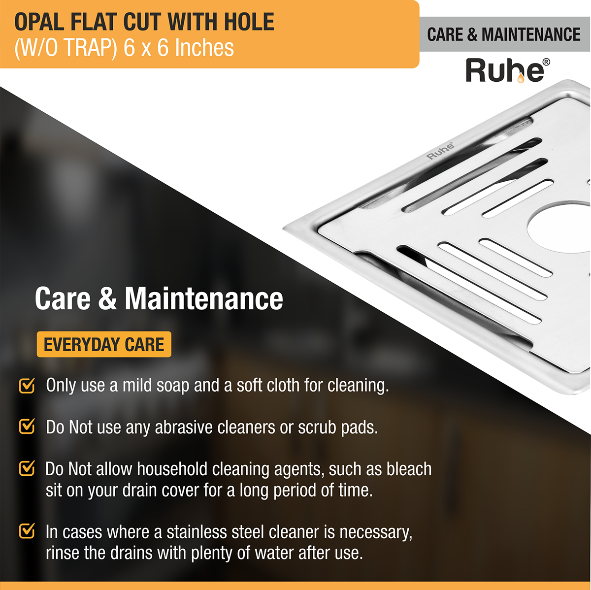 Opal Square Flat Cut 304-Grade Floor Drain with Hole (6 x 6 Inches) - by Ruhe®