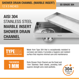 Marble Insert Shower Drain Channel (12 x 5 Inches) with Cockroach Trap (304 Grade) stainles ssteel