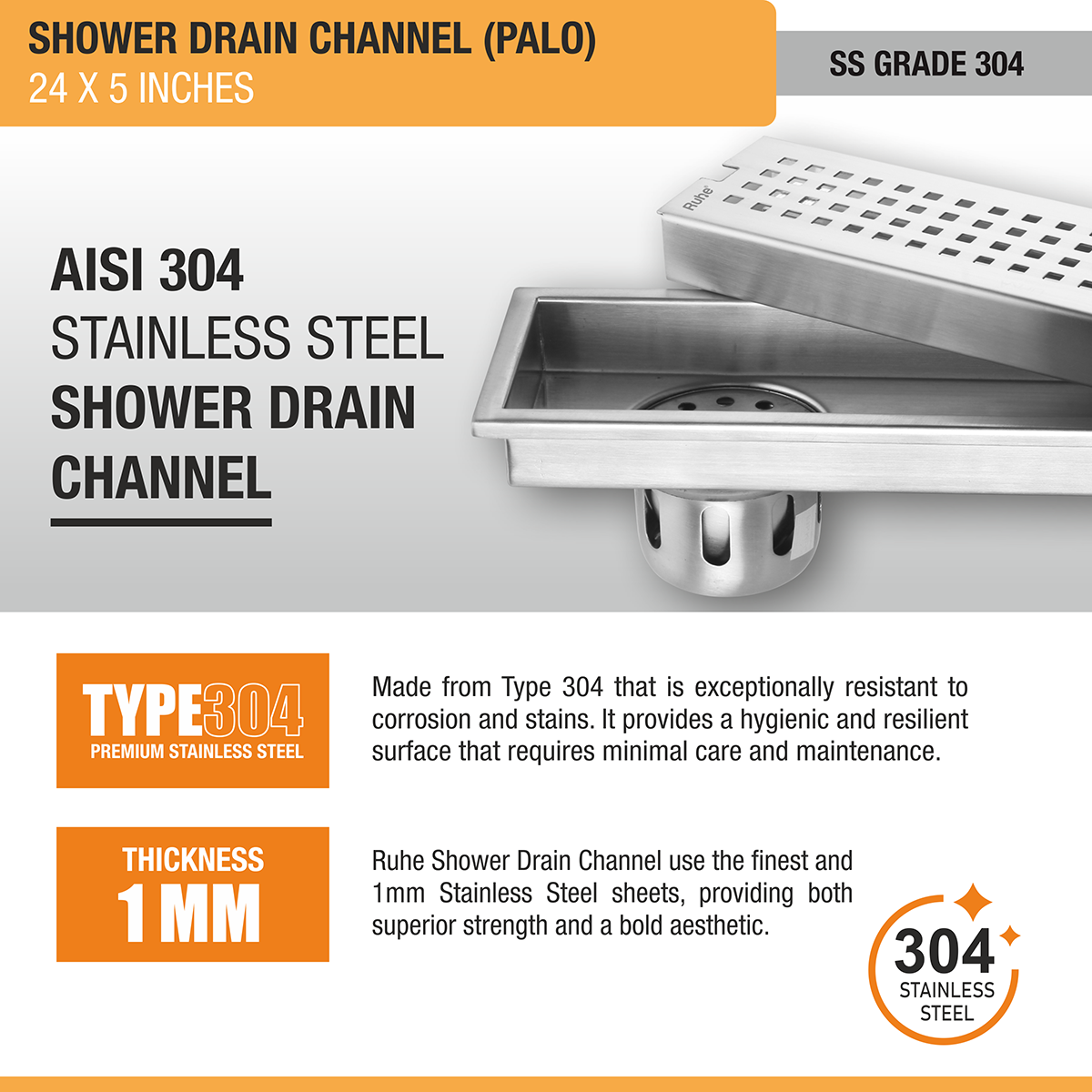 Palo Shower Drain Channel (24 x 5 Inches) with Cockroach Trap (304 Grade) - by Ruhe®