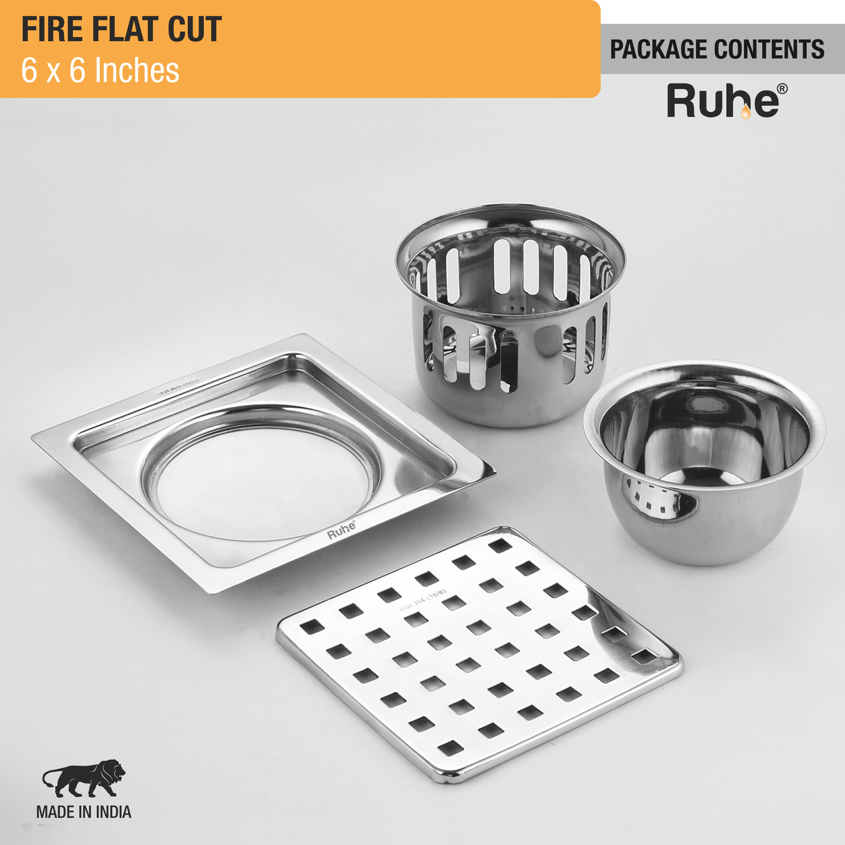 Fire Square 304-Grade Floor Drain with Cockroach Trap (6 x 6 Inches) - by Ruhe