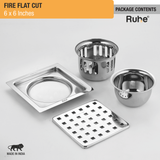 Fire Floor Drain Square Flat Cut (6 x 6 Inches) with Cockroach Trap (304 Grade) package content