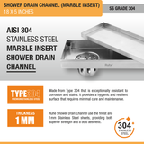 Marble Insert Shower Drain Channel (18 x 5 Inches) with Cockroach Trap (304 Grade) stainless steel