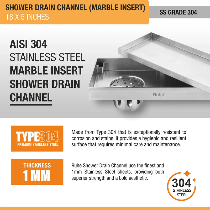Marble Insert Shower Drain Channel (18 x 5 Inches) with Center Hole & Cockroach Trap (304 Grade)