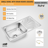 Square Single Bowl (32 x 18 x 8 inches) 304-Grade Stainless Steel Kitchen Sink with Drainboard with sink coupling, waste pipe