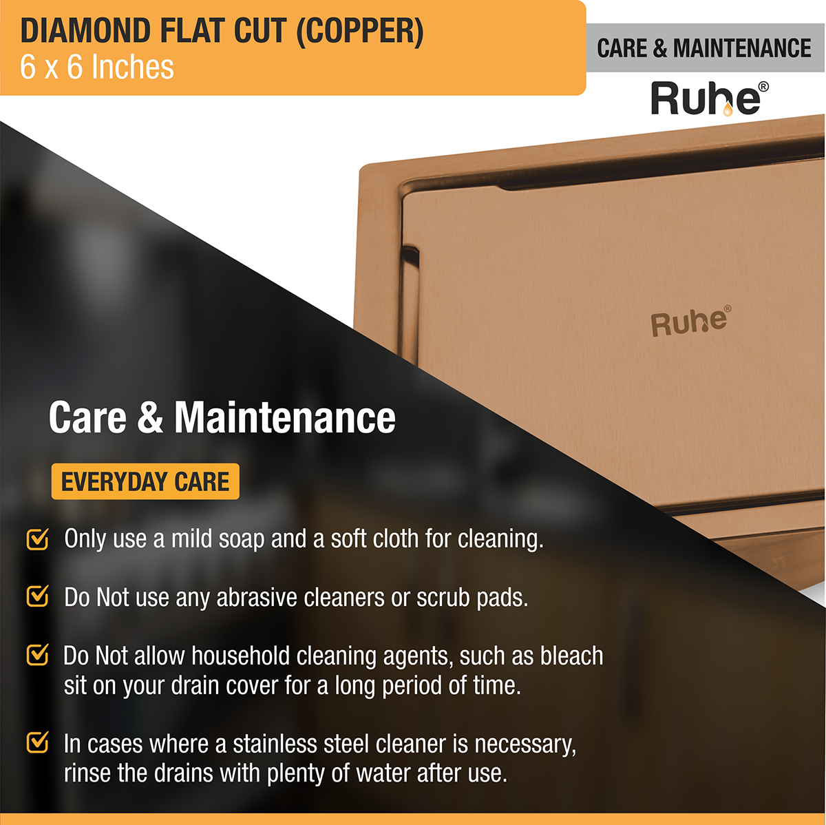 Diamond Square Flat Cut Floor Drain in Antique Copper PVD Coating (6 x 6 Inches) - by Ruhe