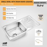 Square Single Bowl (32 x 18 x 8 inches) Kitchen Sink with Drainboard package content
