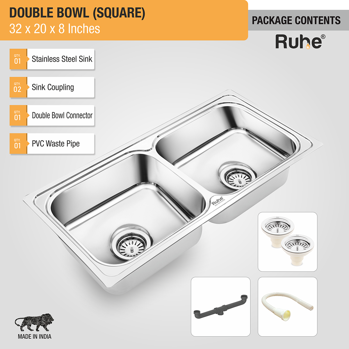 Square Double Bowl 304-Grade (32 x 20 x 8 inches) Kitchen Sink - by Ruhe