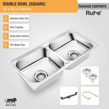 Square Double Bowl (32 x 20 x 8 inches) 304-Grade Kitchen Sink with coupling, double bowl connector, pvc waste pipe