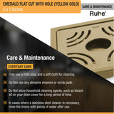 Emerald Square Flat Cut Floor Drain in Yellow Gold PVD Coating (5 x 5 Inches) with Hole care and maintenance