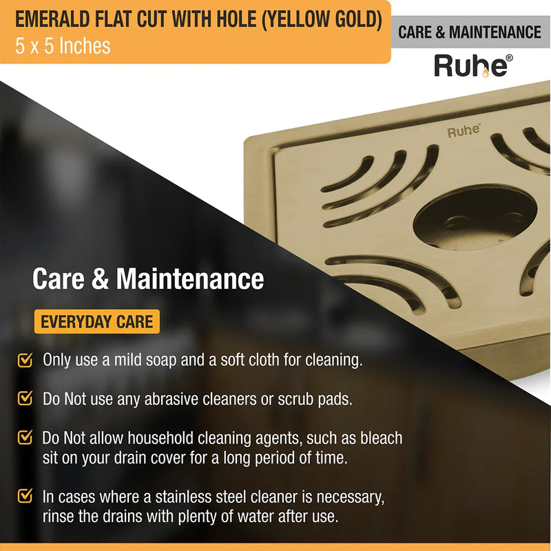 Emerald Square Flat Cut Floor Drain in Yellow Gold PVD Coating (5 x 5 Inches) with Hole - by Ruhe