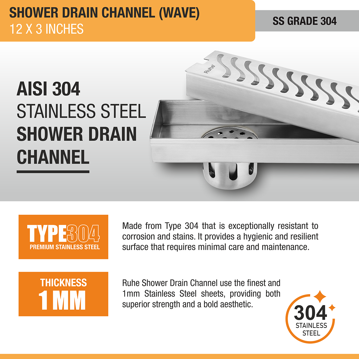 Wave Shower Drain Channel (12 X 3 Inches) with Cockroach Trap (304 Grade) stainless steel