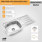 Oval Single Bowl (45 x 20 x 9 inches) Premium Stainless Steel Kitchen Sink with Drainboard package