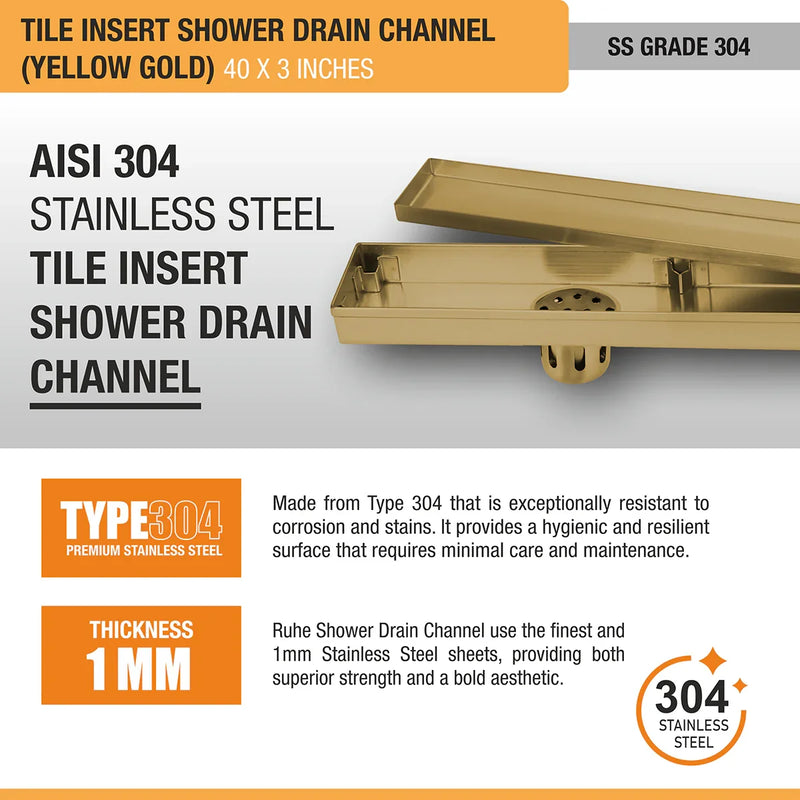 Tile Insert Shower Drain Channel (40 x 3 Inches) YELLOW GOLD PVD Coated - by Ruhe