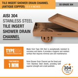 Tile Insert Shower Drain Channel (12 x 4 Inches) ROSE GOLD PVD Coated stainless steel