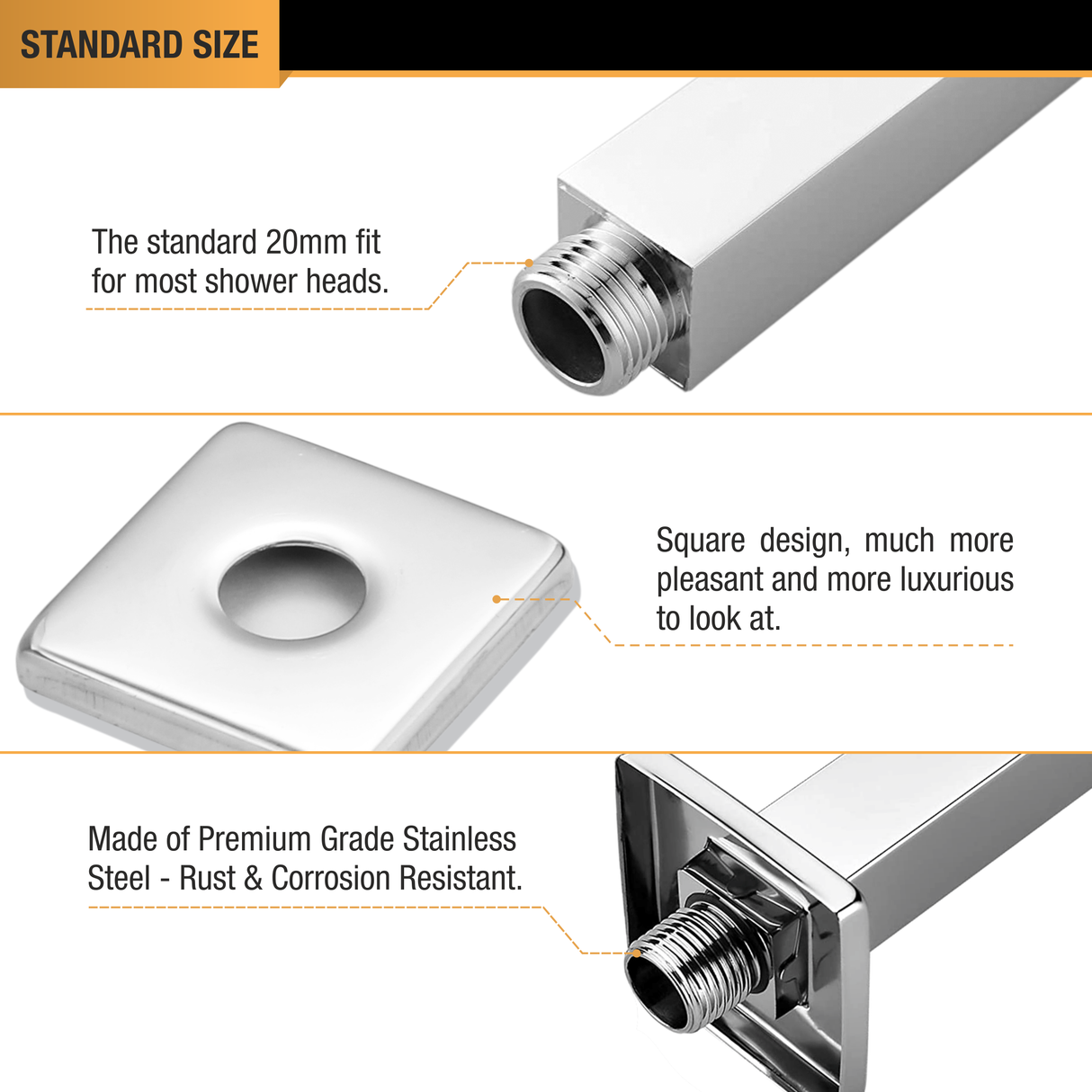 Rectangular Shower Arm (12 Inches) with Flange - by Ruhe