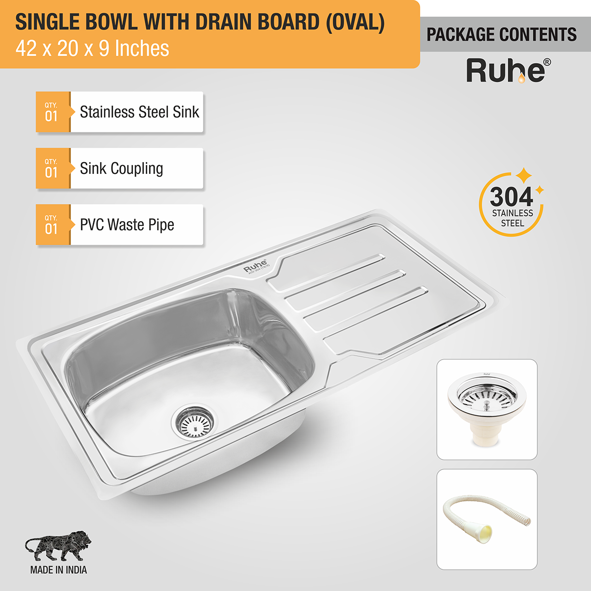Oval Single Bowl (42 x 20 x 9 inches) 304-Grade Stainless Steel Kitchen Sink with Drainboard with waste coupling, waste pipe