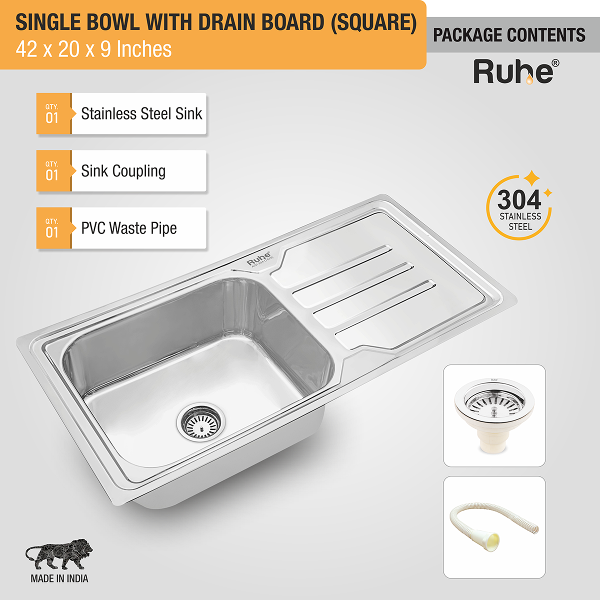 Square Single Bowl with Drainboard 304-grade (42 x 20 x 9 inches) Kitchen Sink - by Ruhe