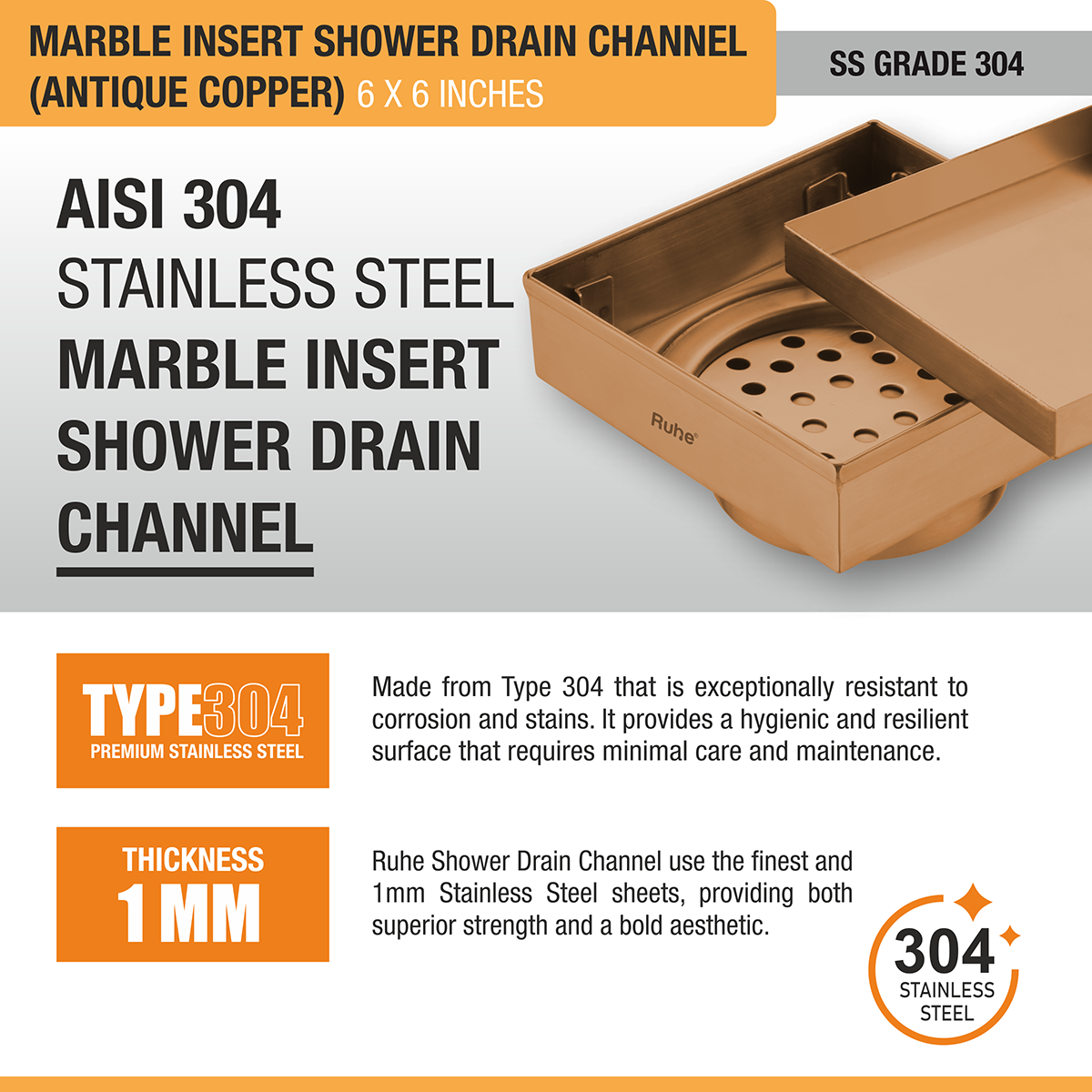 Marble Insert Shower Drain Channel (6 x 6 Inches) ROSE GOLD PVD Coated - by Ruhe®