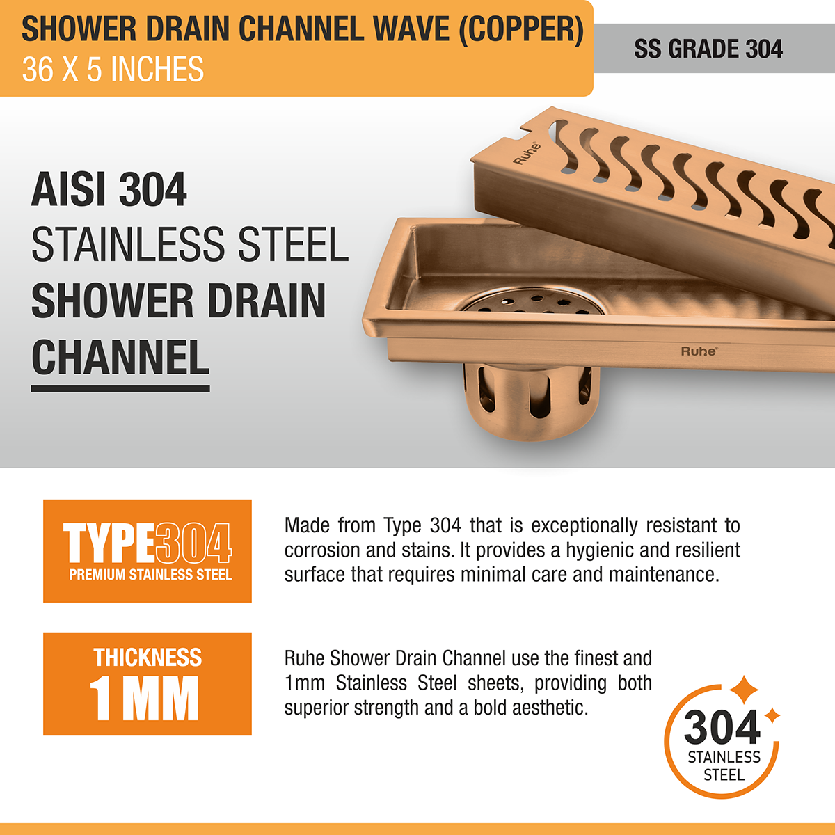 Wave Shower Drain Channel (36 x 5 Inches) ROSE GOLD/ANTIQUE COPPER stainless steel