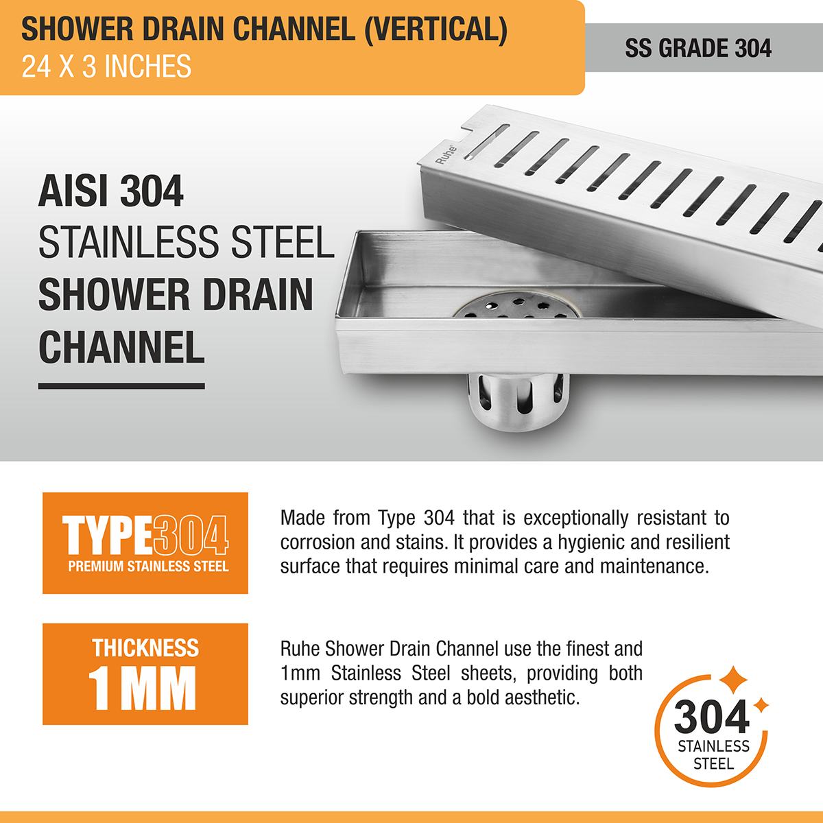 Vertical Shower Drain Channel (24 x 3 Inches) with Cockroach Trap (304 Grade) - by Ruhe®