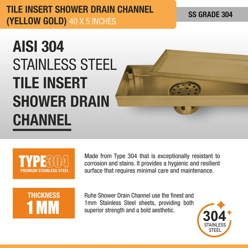 Tile Insert Shower Drain Channel (40 x 5 Inches) YELLOW GOLD PVD Coated - by Ruhe