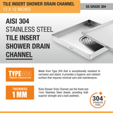 Tile Insert Shower Drain Channel (12 x 12 Inches) with Cockroach Trap (304 Grade) stainless steel