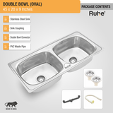 Oval Double Bowl (45 x 20 x 9 inches) 304-Grade Kitchen Sink with coupling, double bowl connector, pvc waste pipe